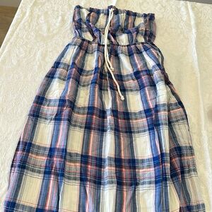 Strapless Sundress~Size L~Blue/White/Pink Plaid Print Maxi Dress w/Pockets